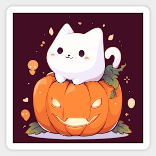 White chubby cat sitting on a pumpkin Magnet